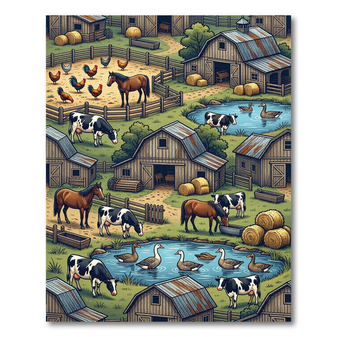 Charming Country Farm Life Scene Rug