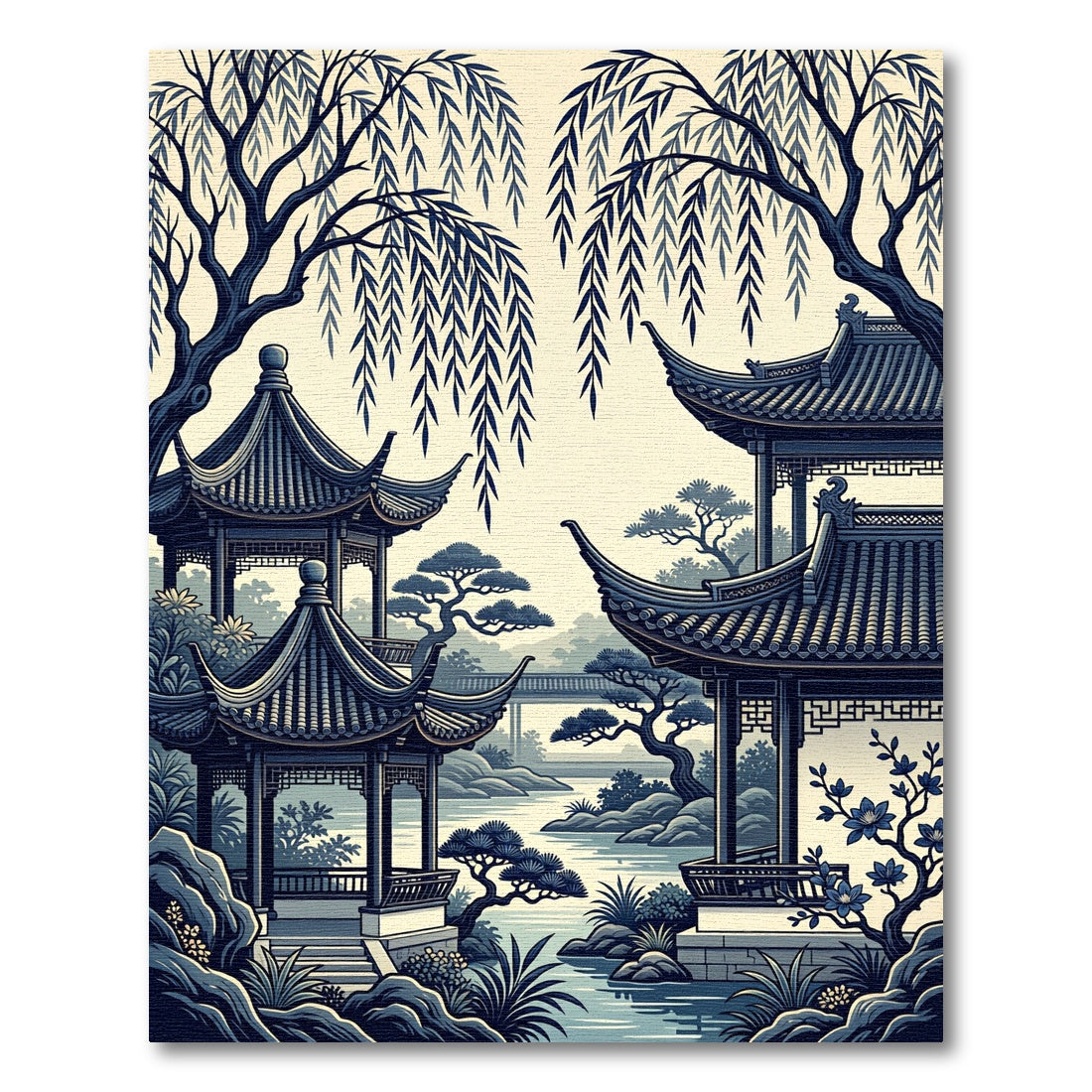 Blue Willow Pagoda Garden Landscape Rug