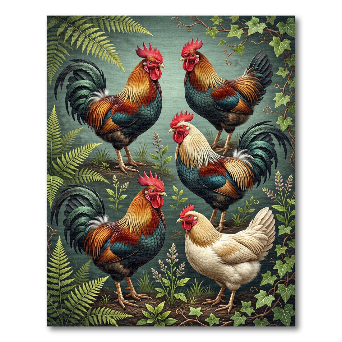 Vintage Ornate Rooster Garden Foliage Illustration Rug