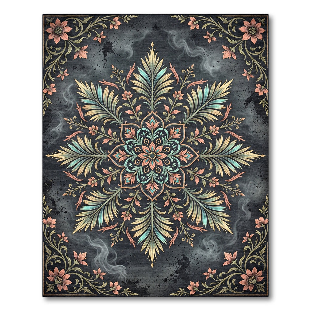 Ethereal Sage and Peach Floral Mandala Rug