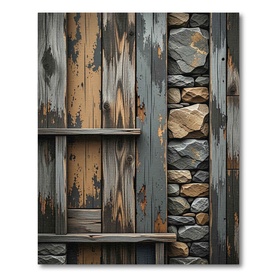 Rustic Hewn Wood Stone Inlay Rug