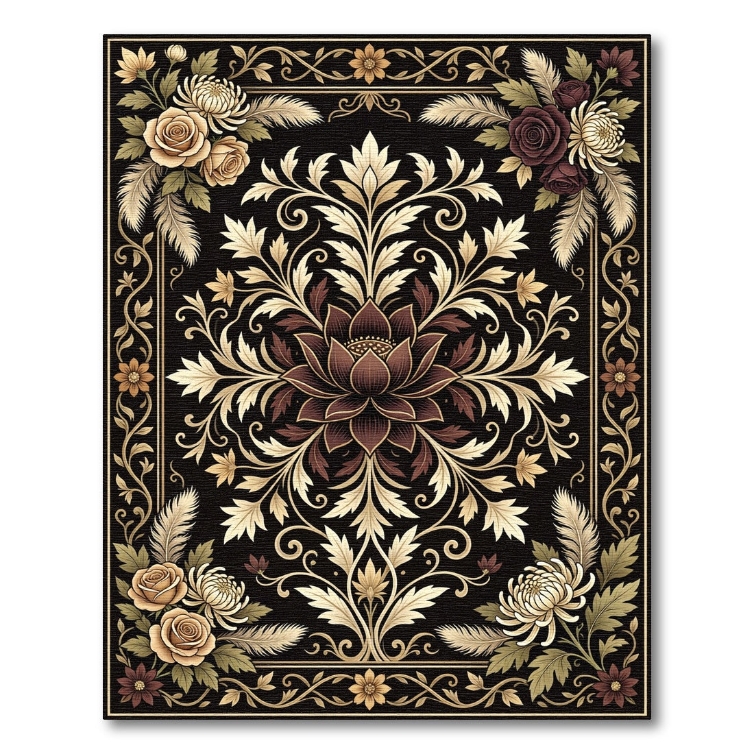 Elegant Dark Floral Gold Filigree Rug