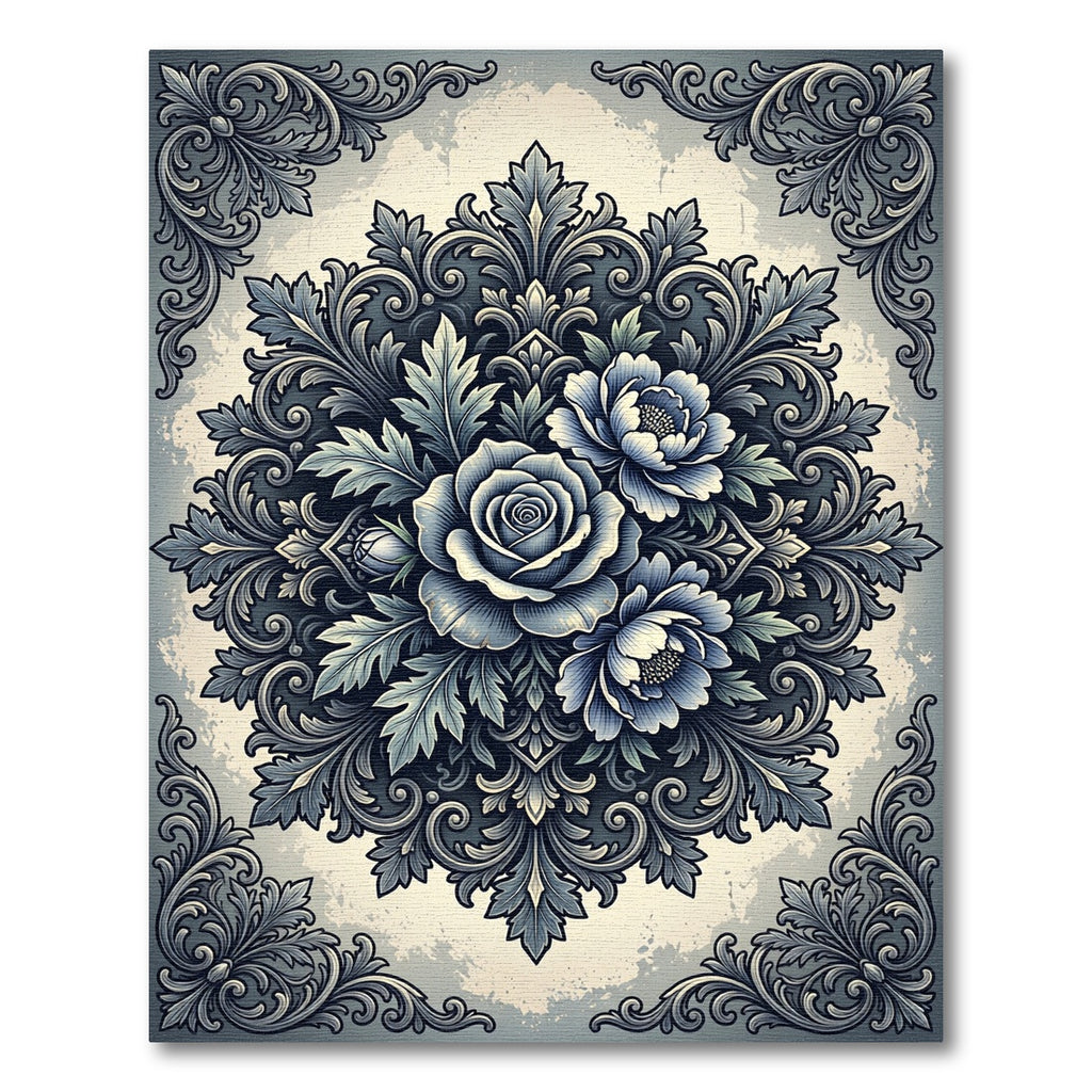 Elegant Blue Floral Ornament Medallion Rug