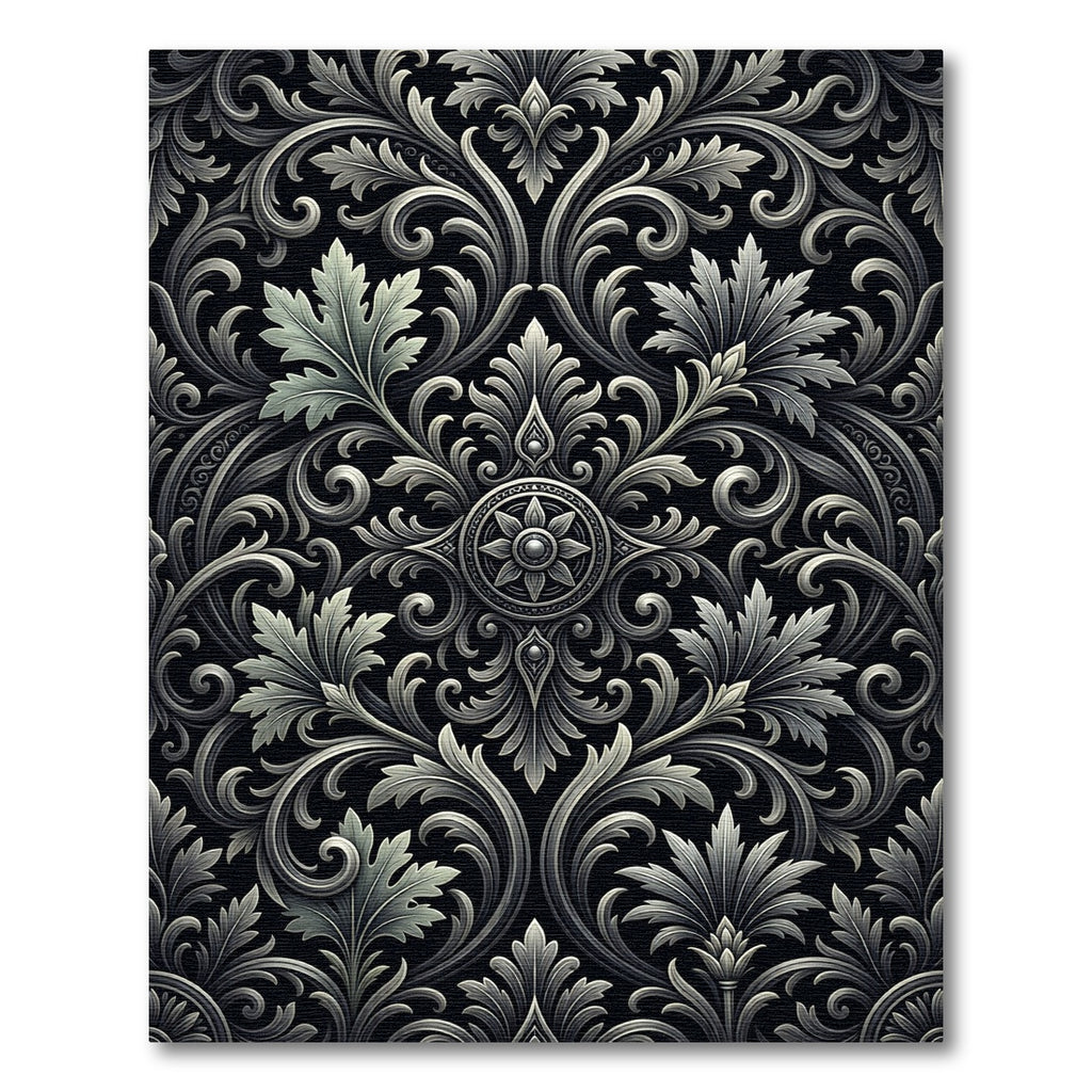 Ornate Silver Black Acanthus Scroll Rug