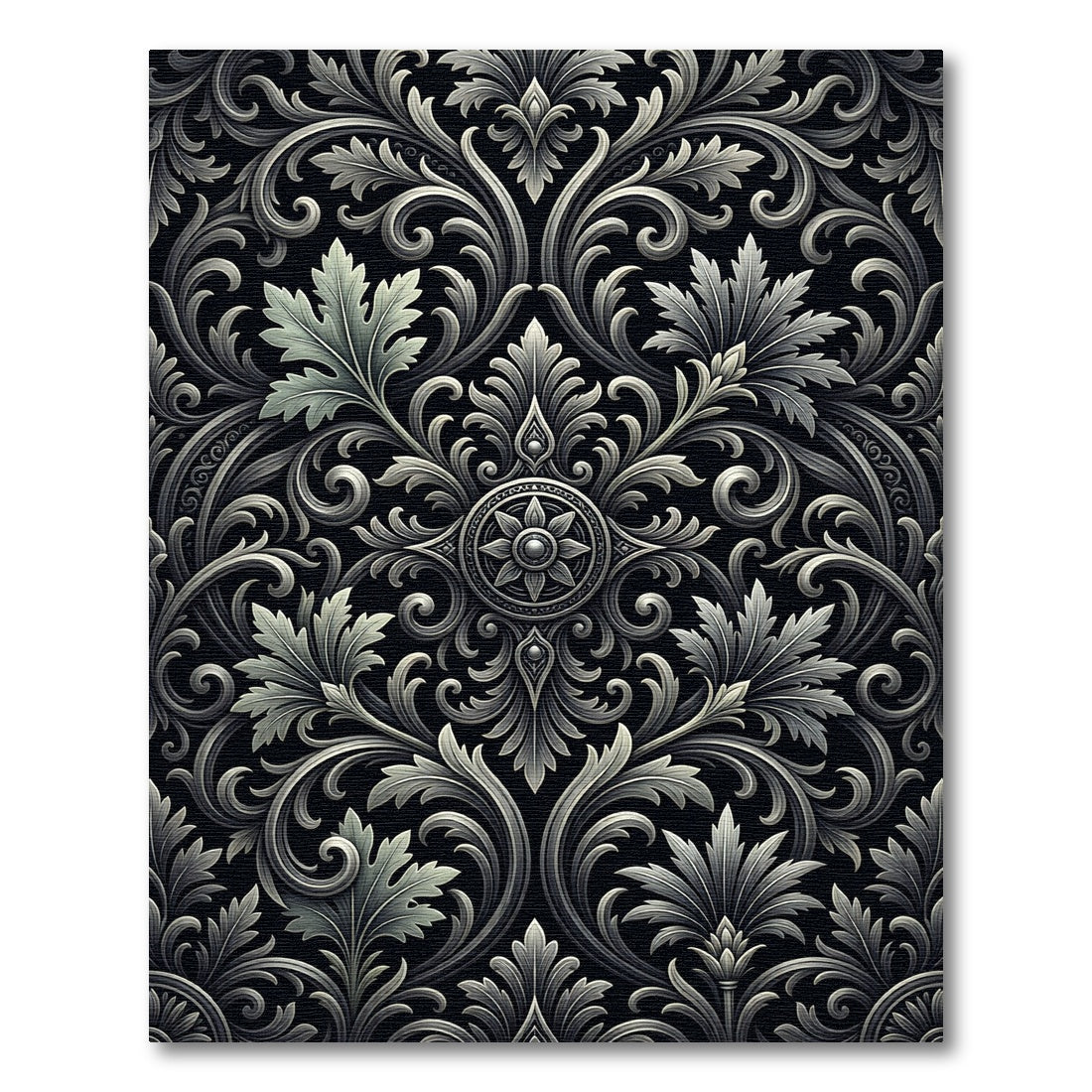Ornate Silver Black Acanthus Scroll Rug