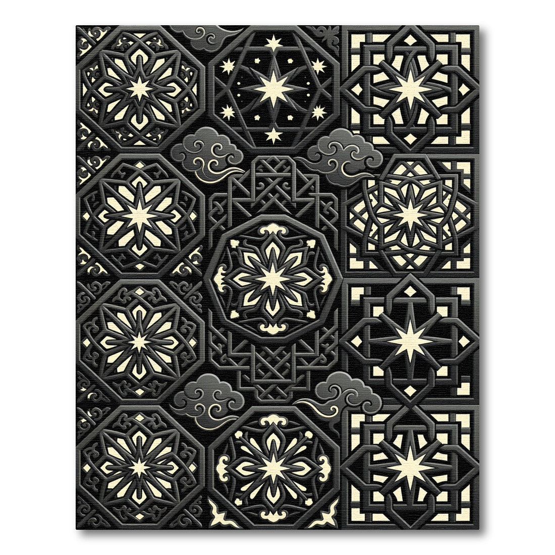 Dark Gray Geometric Starburst Mandala Rug