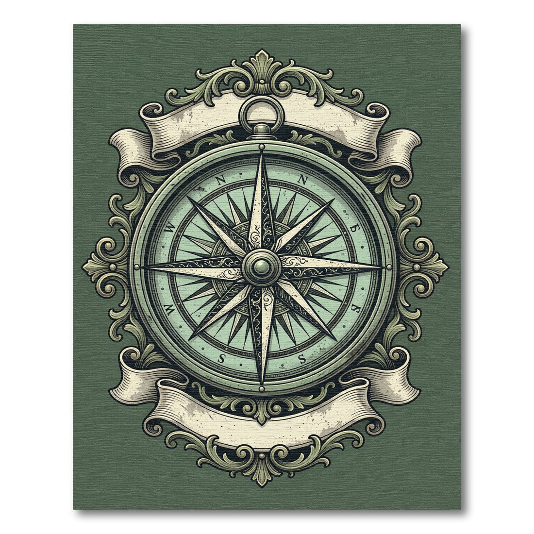 Vintage Sage Navigational Compass Emblem Rug