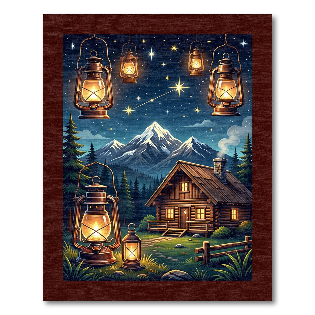 Rustic Glowing Lantern Mountain Cabin Night Rug