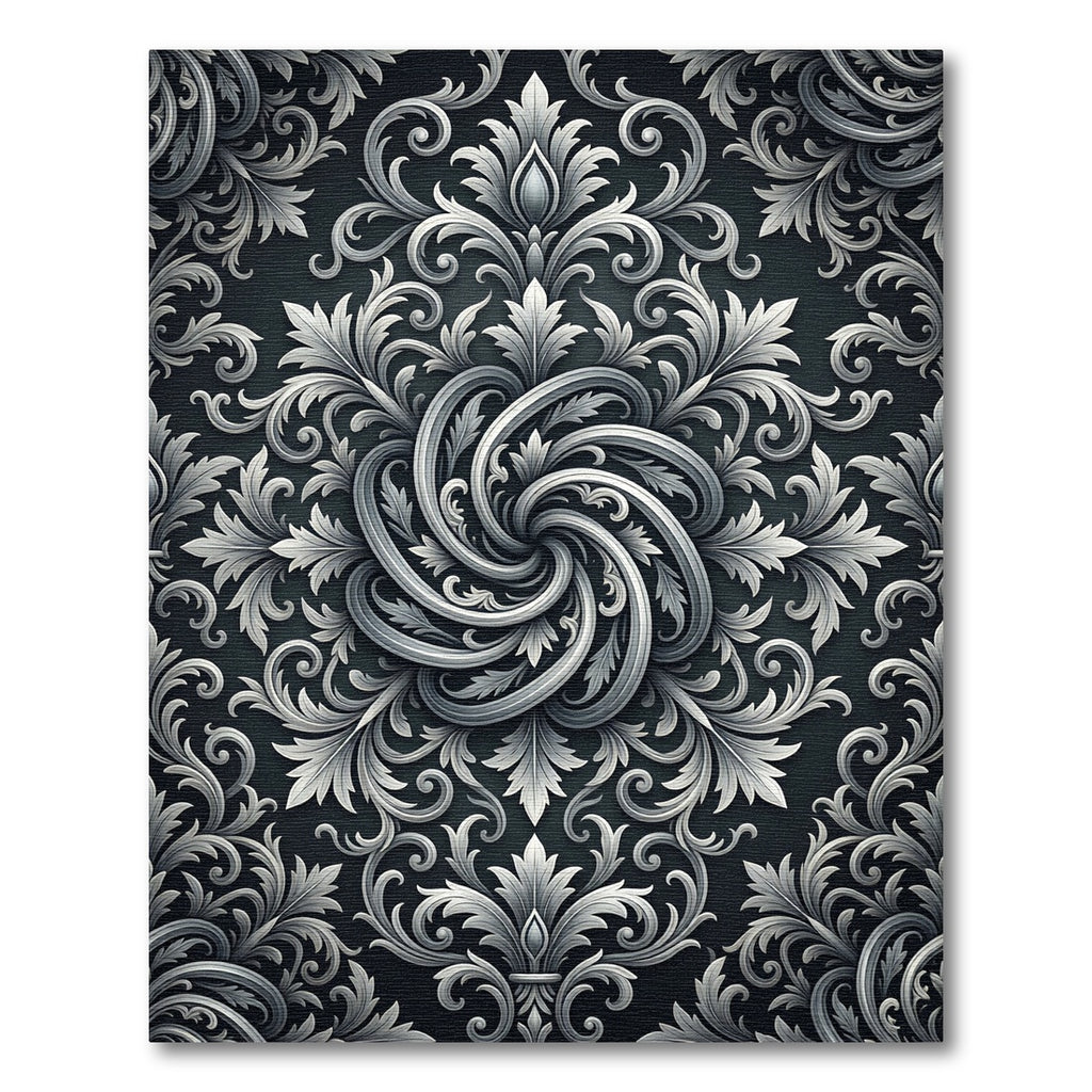 Ornate Silver Scrollwork Swirl Rug