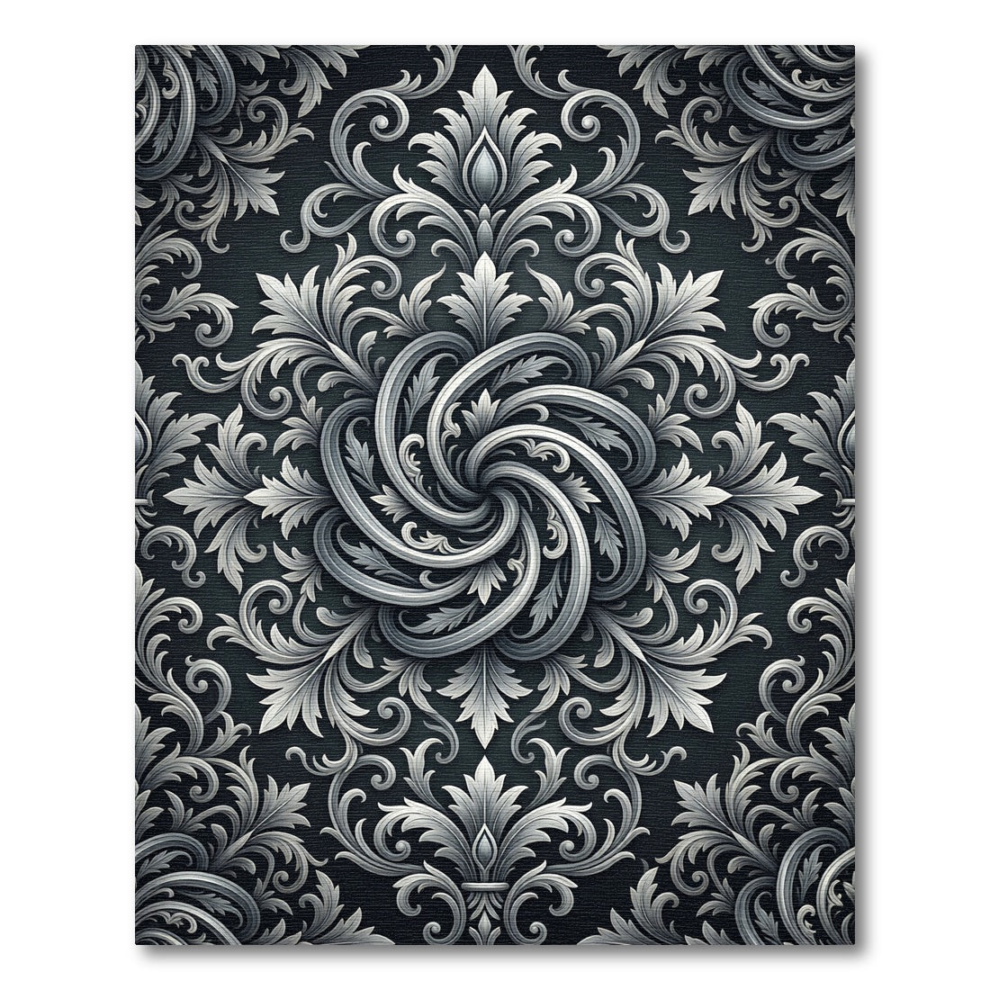 Ornate Silver Scrollwork Swirl Rug