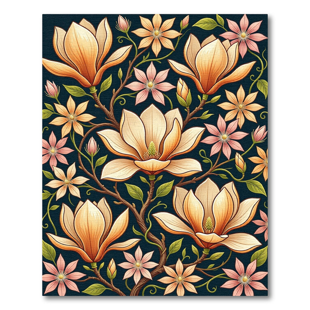 Elegant Golden Magnolia Floral Botanical Art Rug