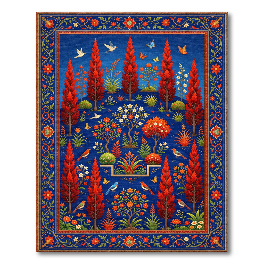 Vibrant Crimson Tree and Bird Garden Rug