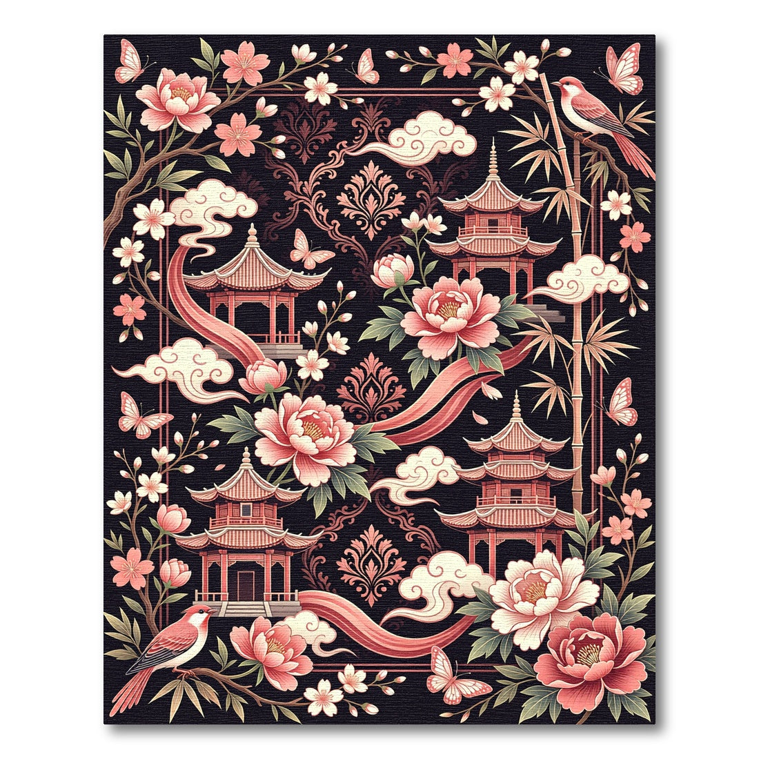Pink Peony Chinoiserie Pavilion Bird Scroll Rug