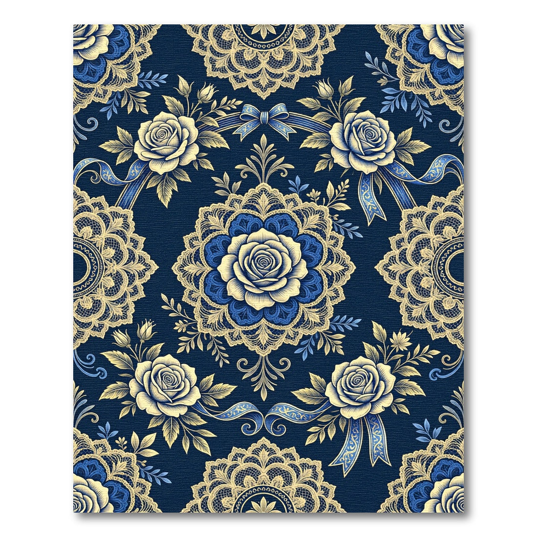 Elegant Royal Blue Cream Rose Medallion Rug