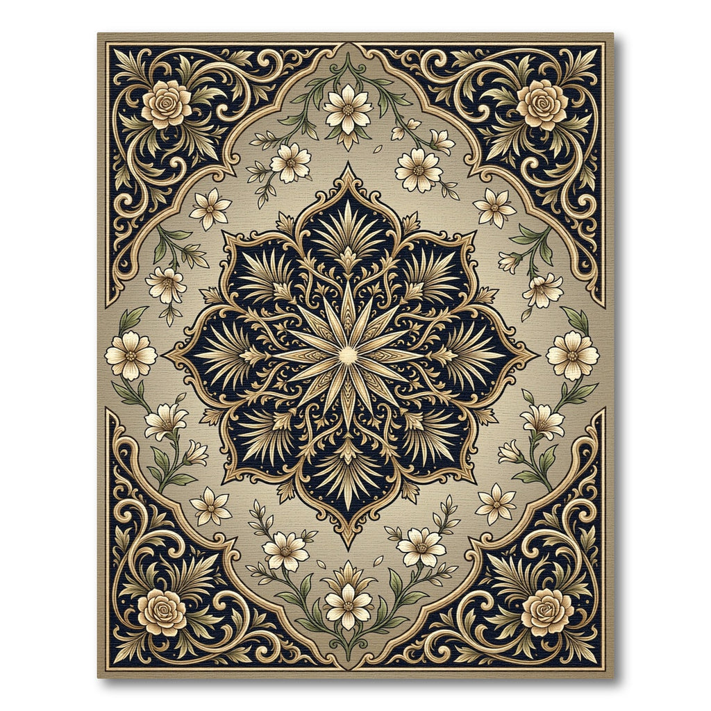 Ornate Golden Floral Emblem Rug