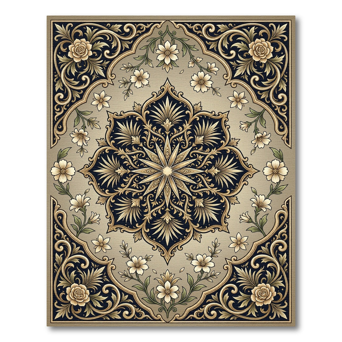 Ornate Golden Floral Emblem Rug