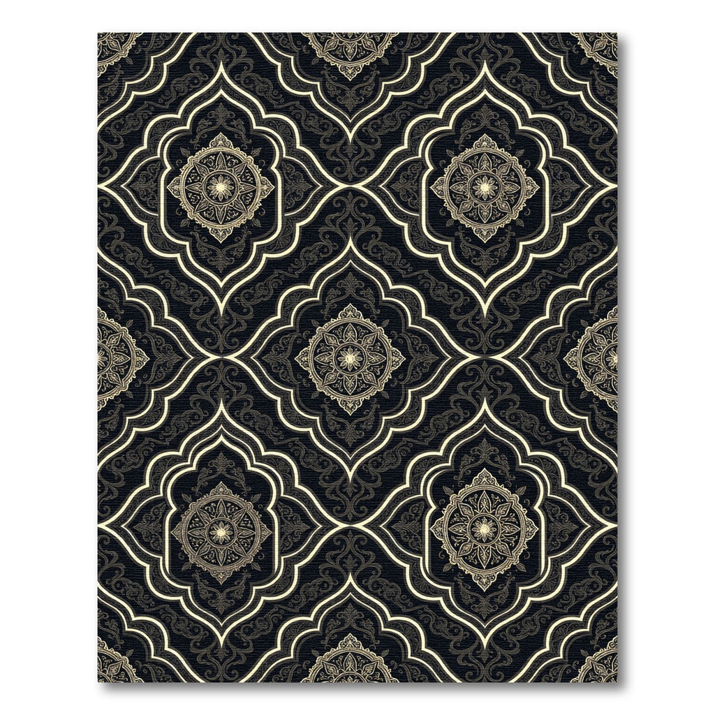 Elaborate Gold Medallion Black Lattice Rug