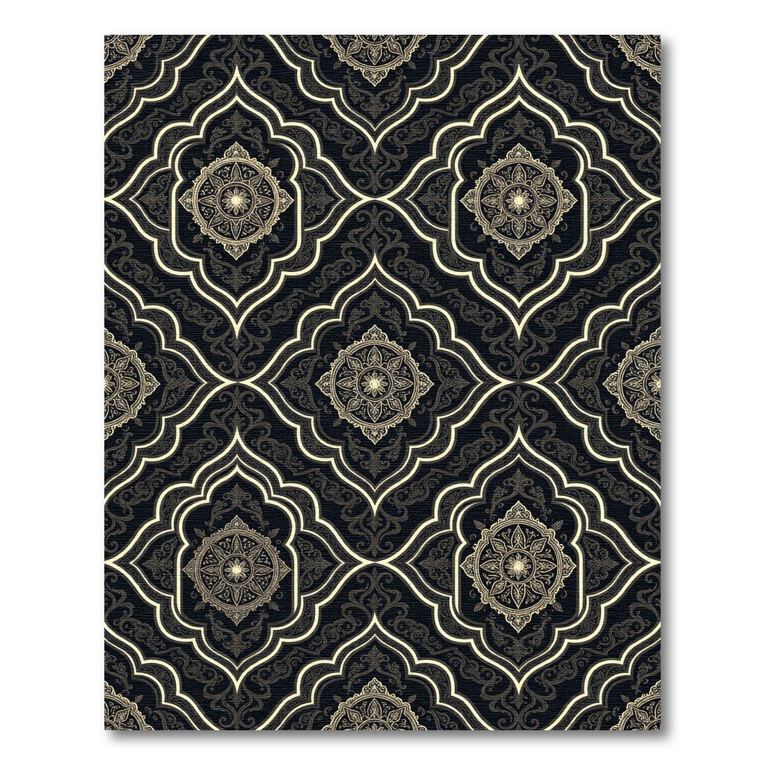 Elaborate Gold Medallion Black Lattice Rug