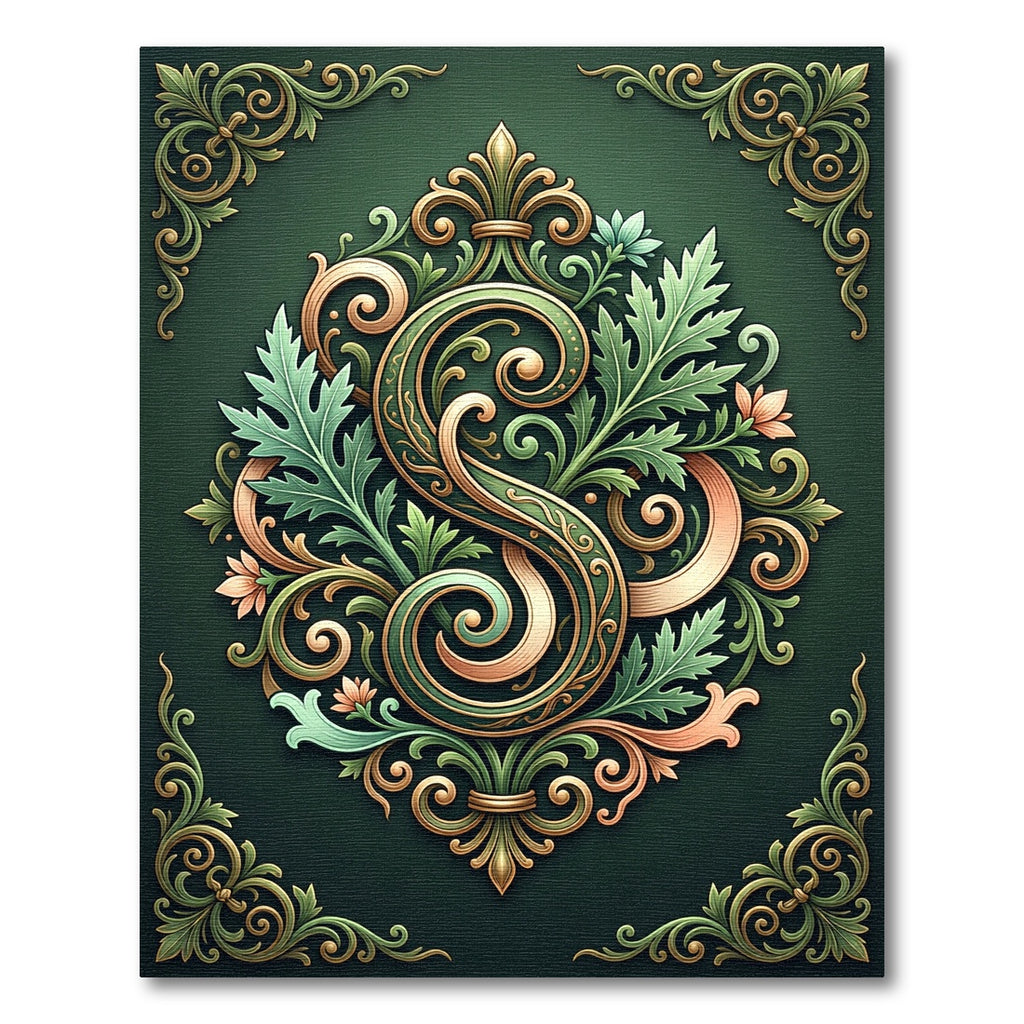 Ornate Sage Floral Scroll Monogram Rug