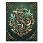 Ornate Sage Floral Scroll Monogram Rug