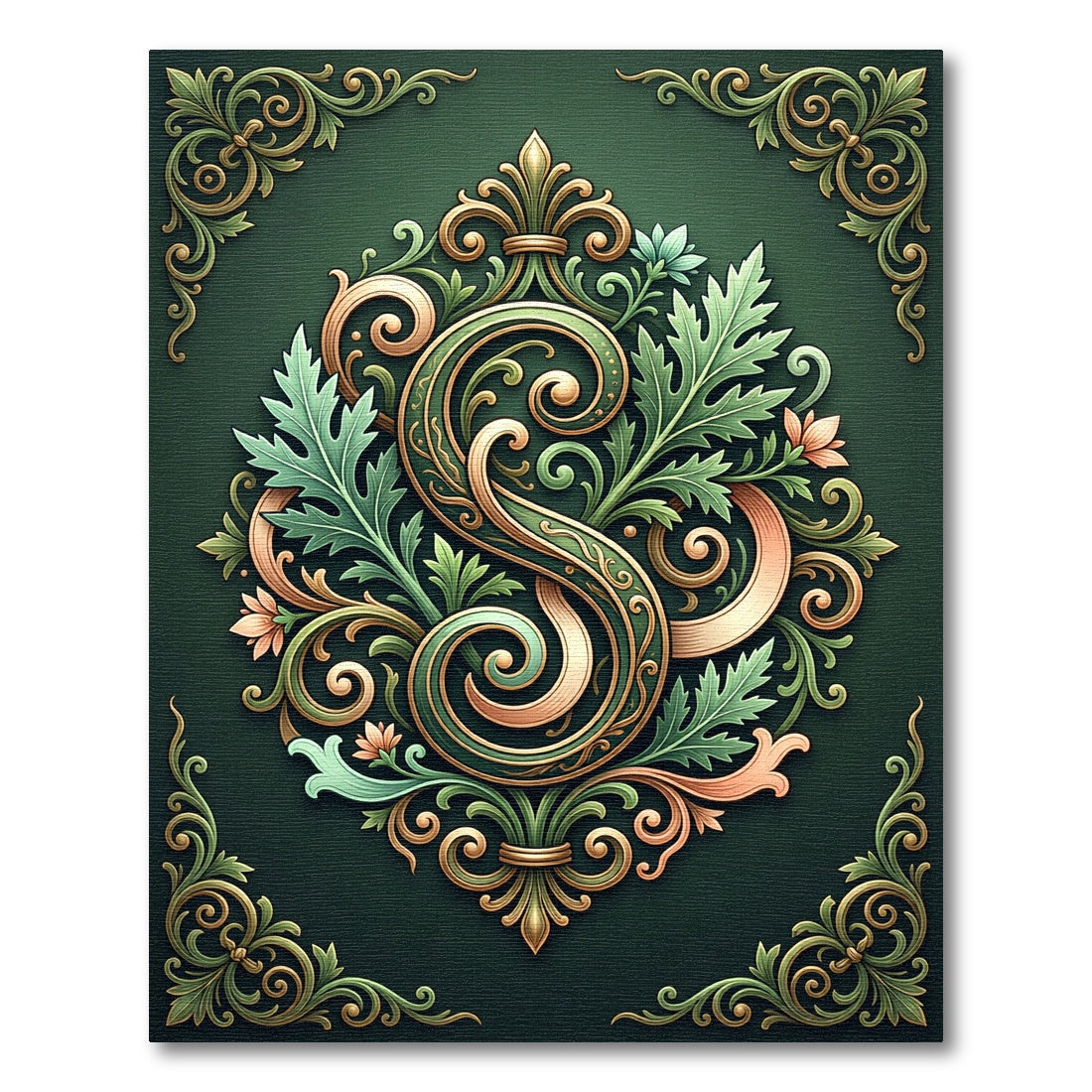 Ornate Sage Floral Scroll Monogram Rug