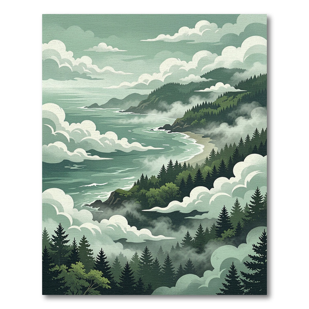 Foggy Coastal Forest Landscape Scene Rug