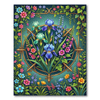 Floral Iris Botanical Teal Gold Frame Rug