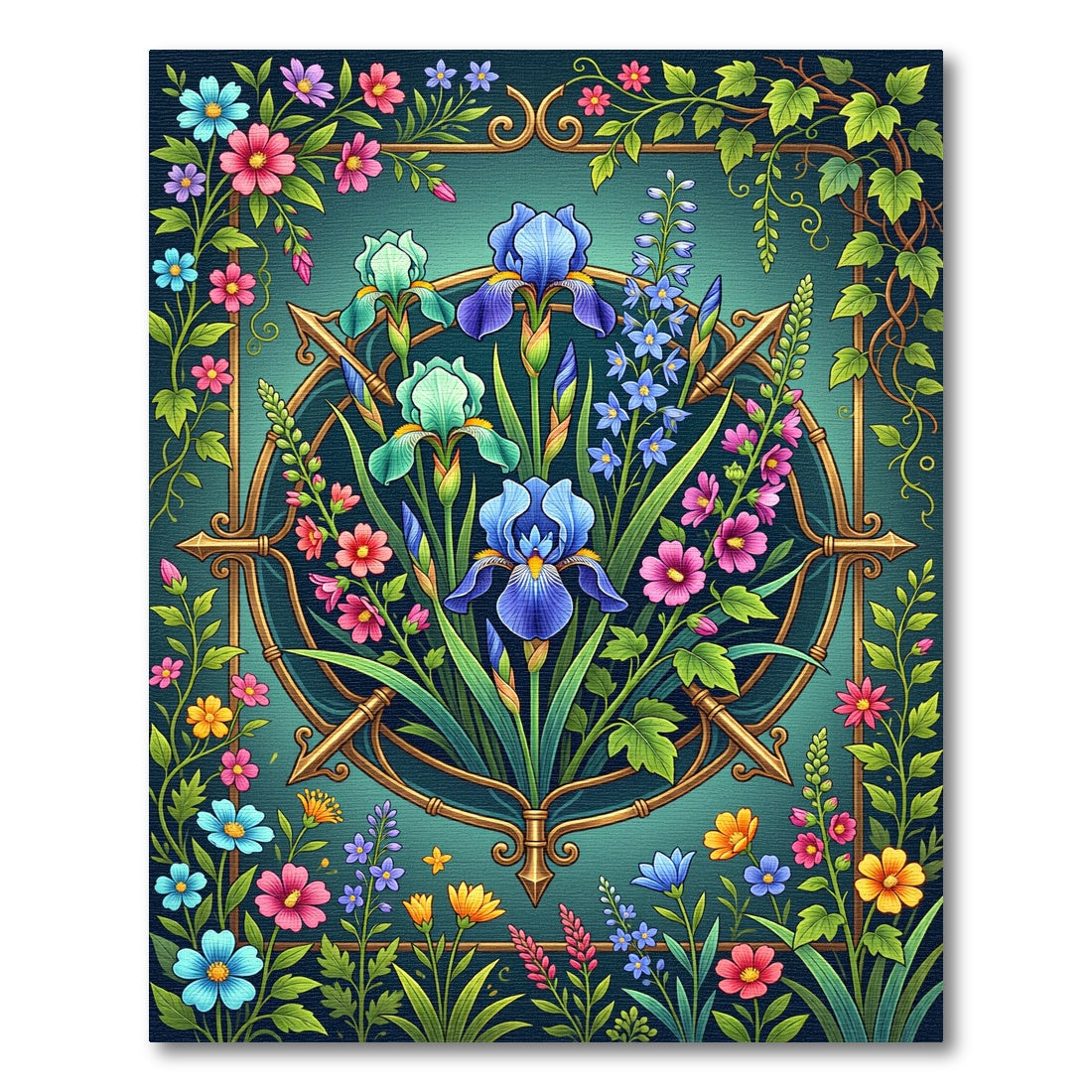 Floral Iris Botanical Teal Gold Frame Rug