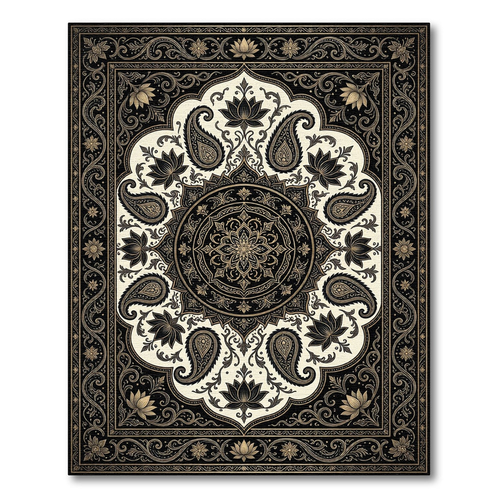 Opulent Black and Gold Paisley Medallion Rug