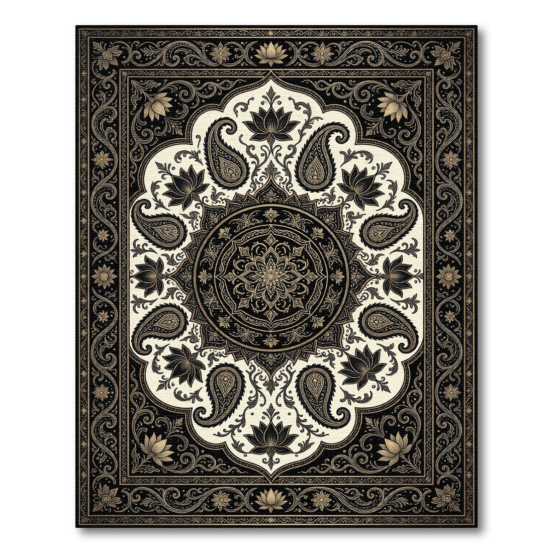 Opulent Black and Gold Paisley Medallion Rug