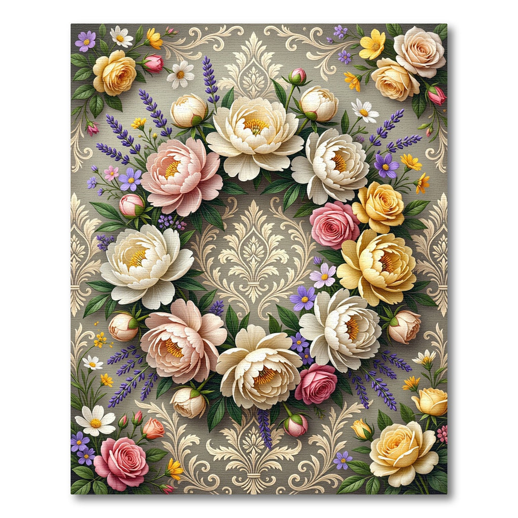 Elegant Floral Bouquet Damask Wreath Rug