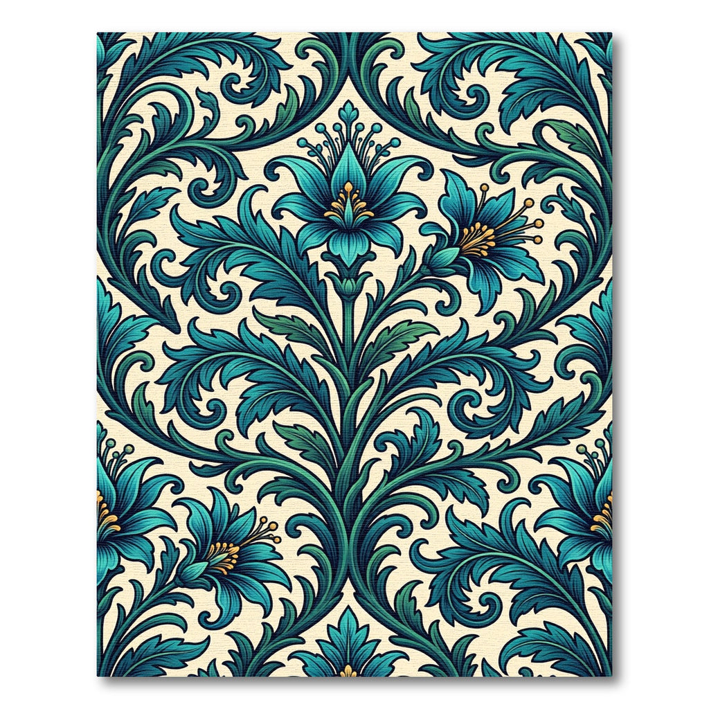 Teal Floral Damask Foliage Scroll Rug