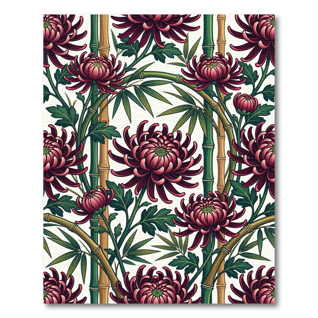 Deep Red Chrysanthemum Bamboo Panorama Rug