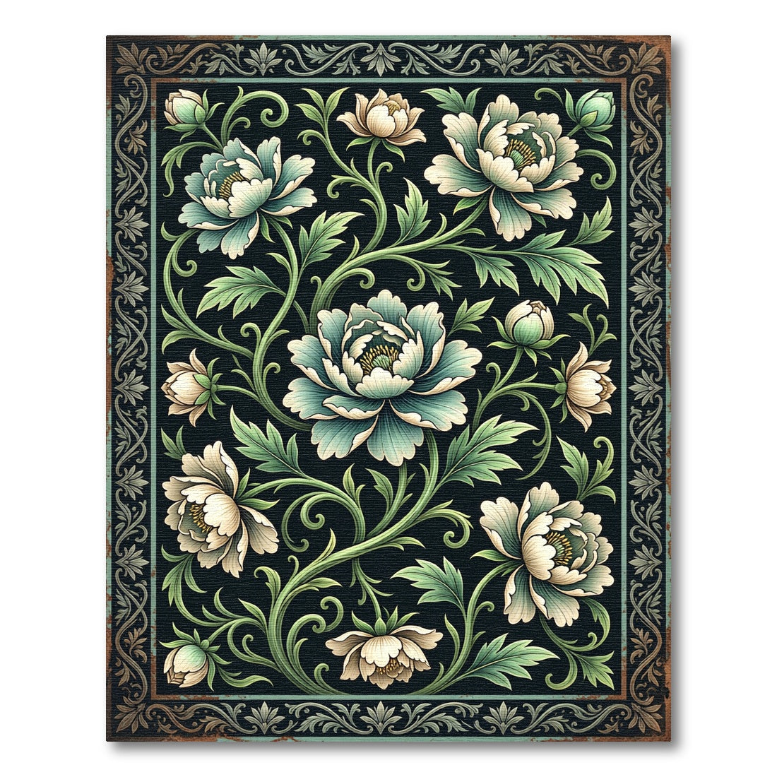Aqua White Peony Floral Scroll Rug