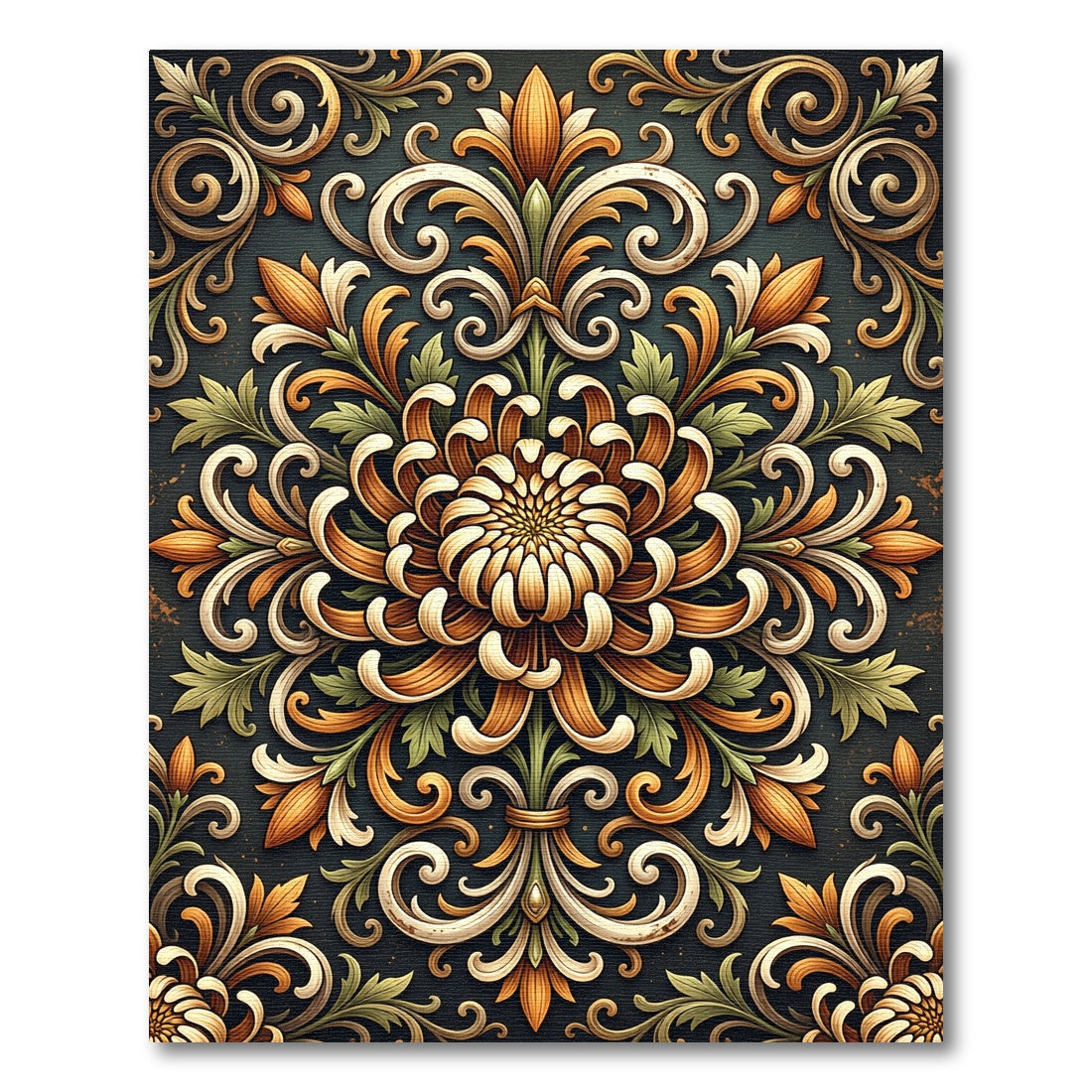 Golden Floral Damask Scroll Area Rug