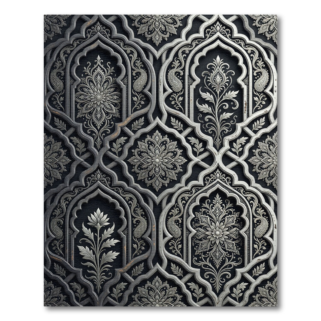 Elegant Silver Arabesque Floral Overlay Rug