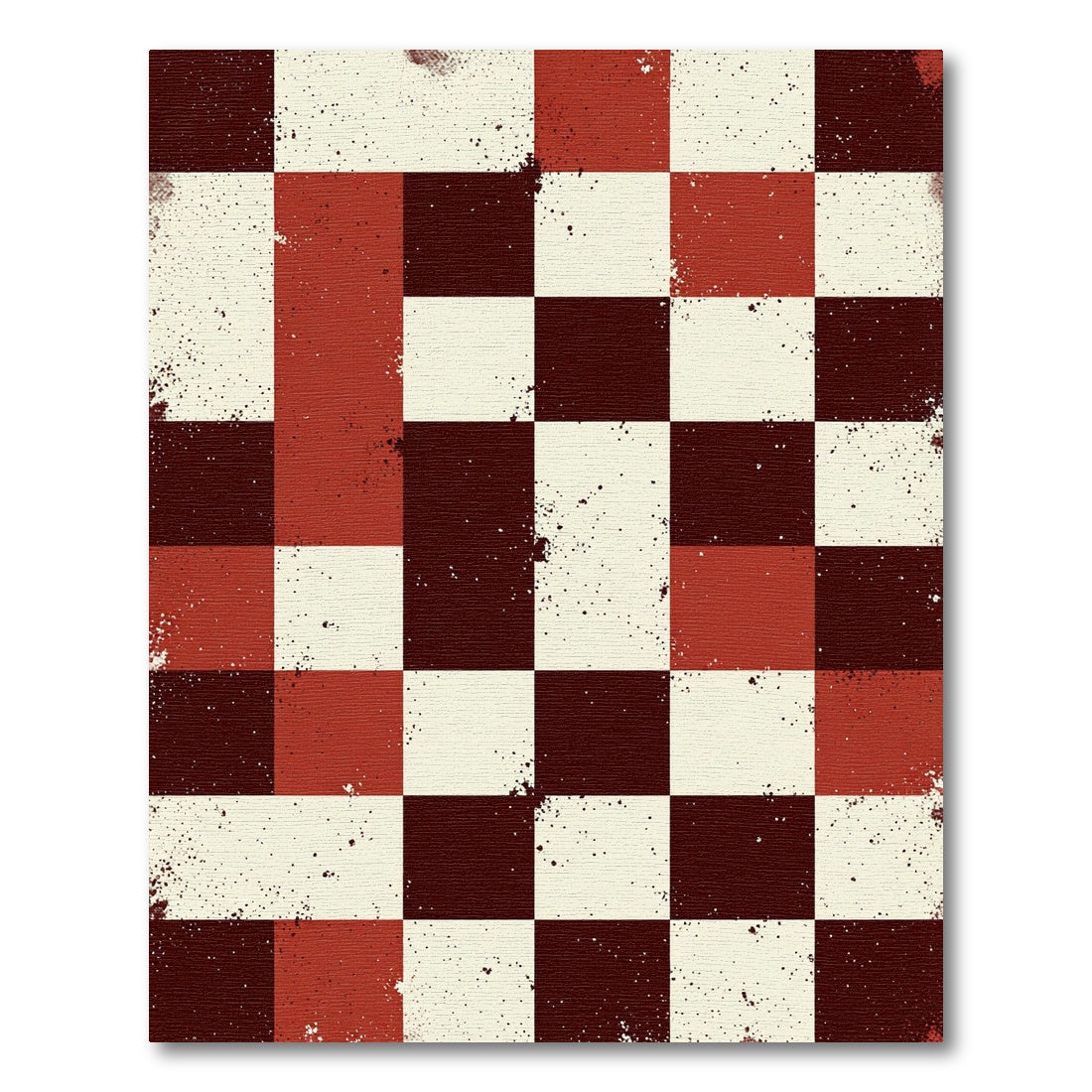 Distressed Crimson and Cream Checkerboard Grid Rug