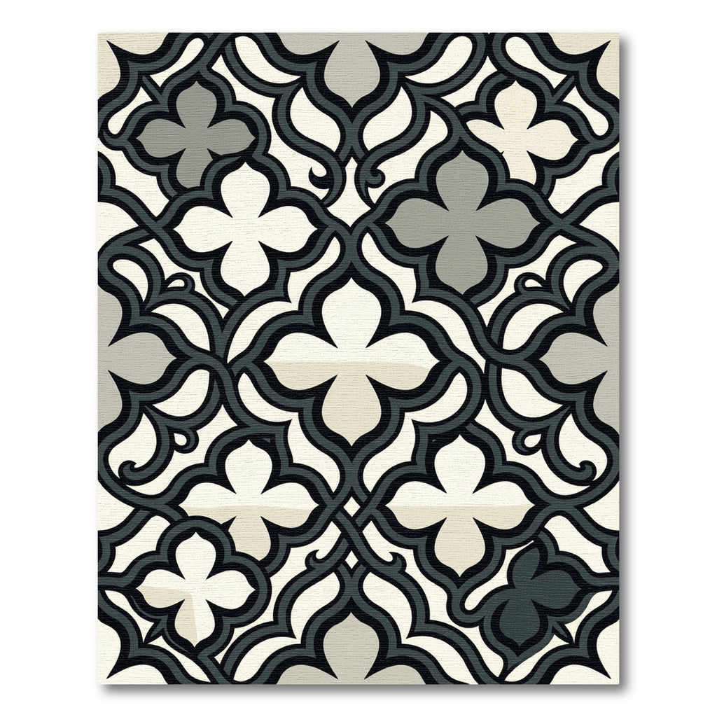 Elegant Charcoal and Cream Scalloped Quatrefoil Rug