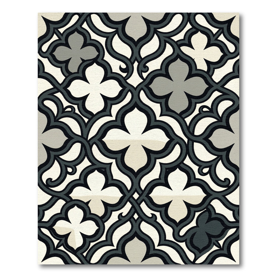 Elegant Charcoal and Cream Scalloped Quatrefoil Rug