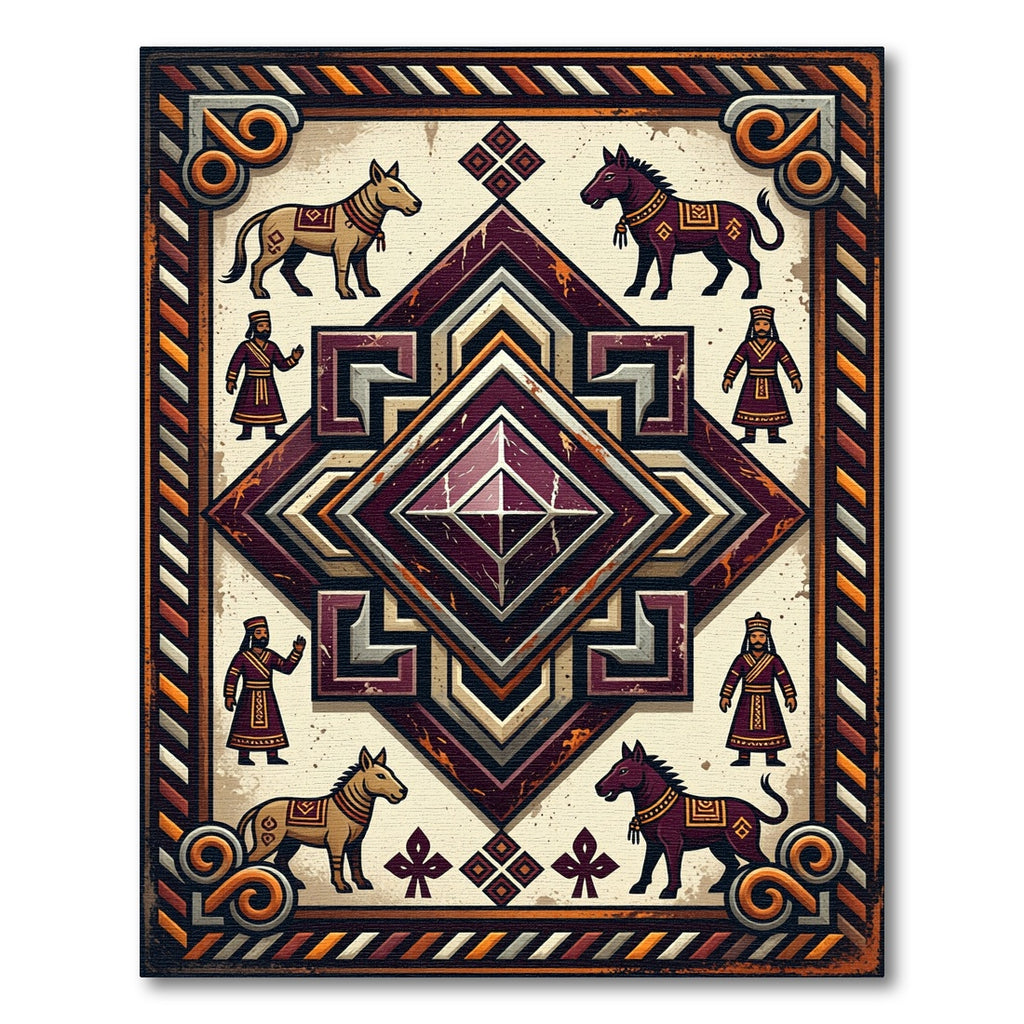 Ancient Emblematic Maroon Geometric Diamond Area Rug