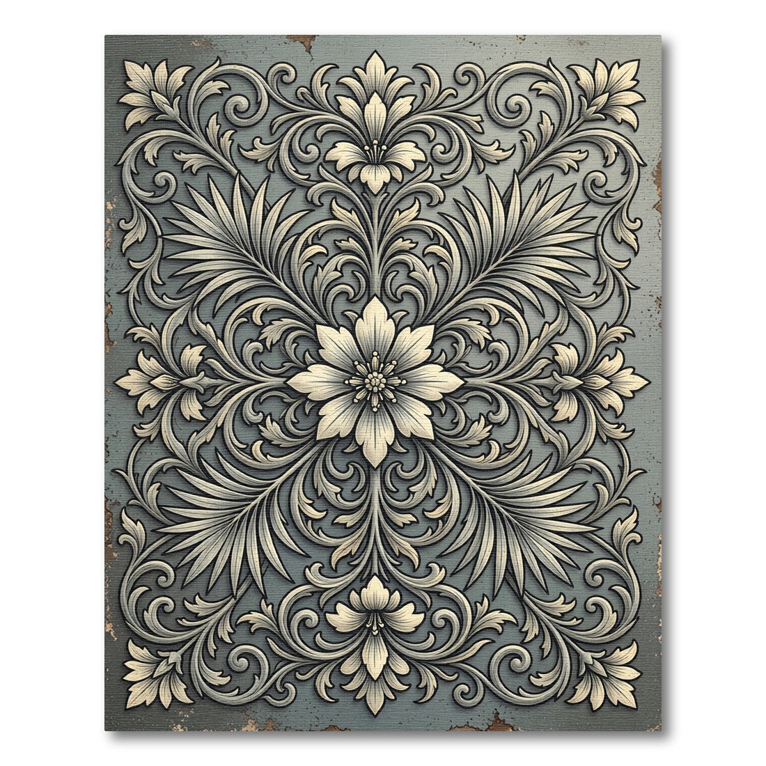 Elegant Slate Gray Ornate Floral Art Rug