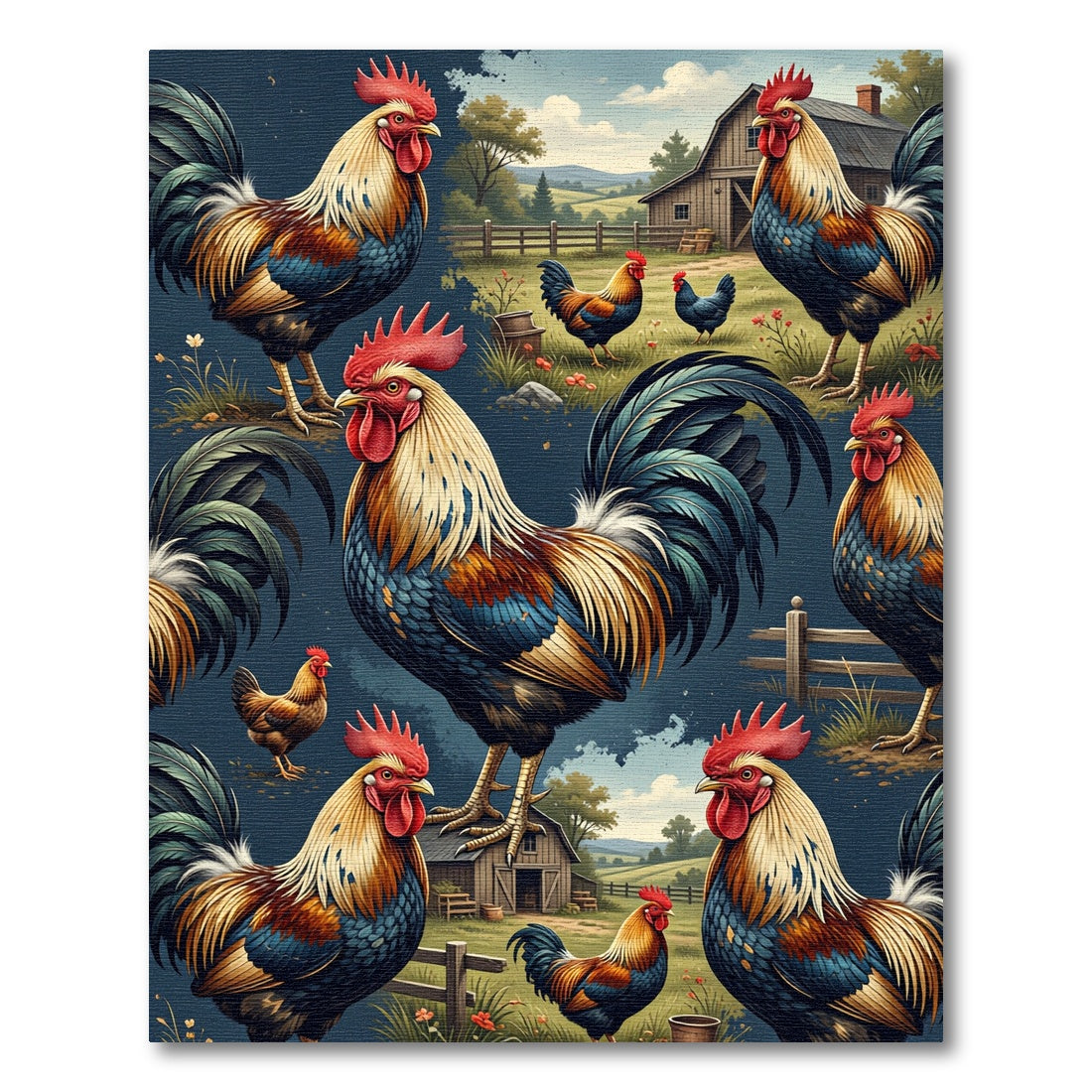 Vivid Farm Rooster Landscape Illustration Rug