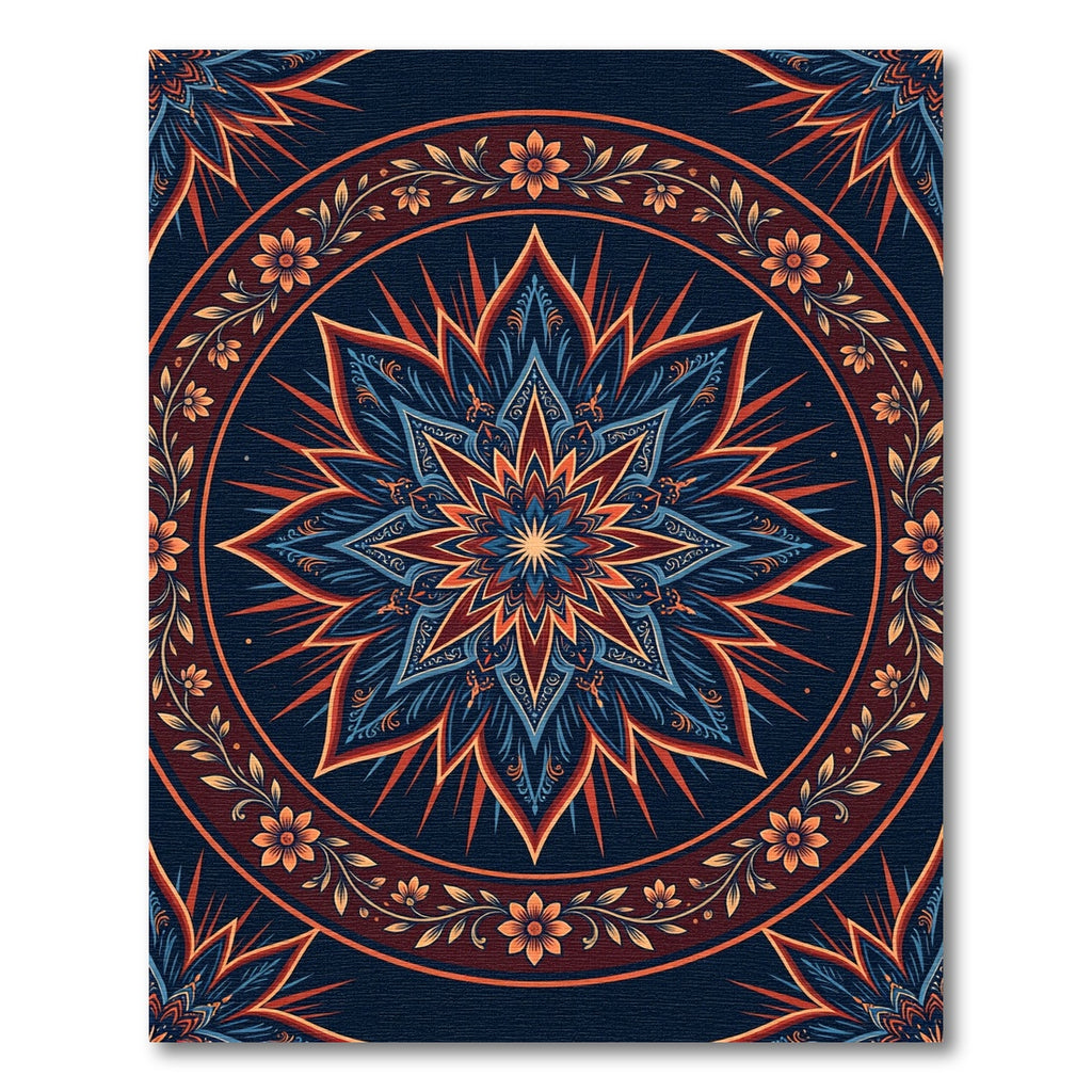 Deep Blue Orange Floral Mandala Sunburst Rug