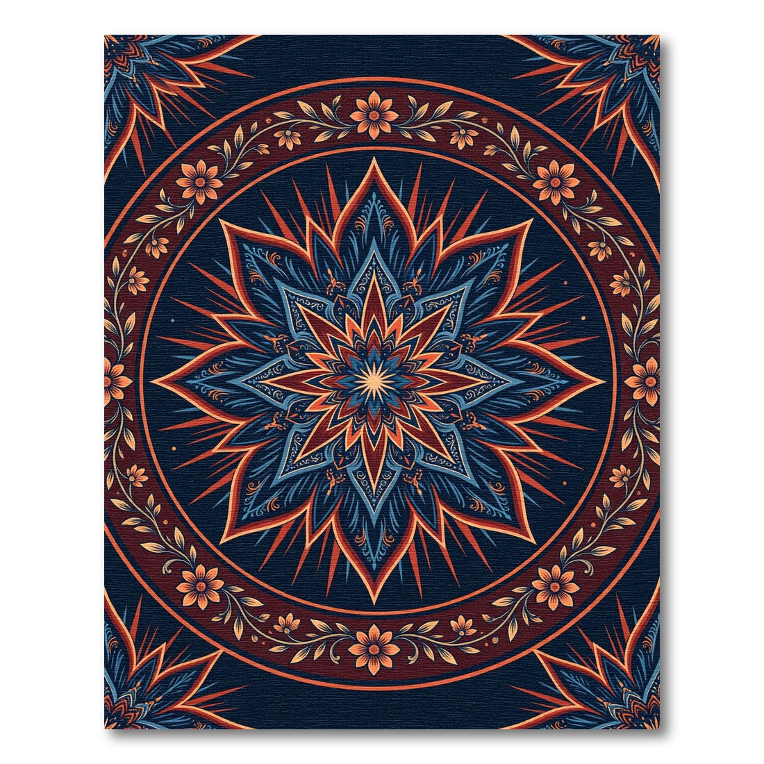 Deep Blue Orange Floral Mandala Sunburst Rug