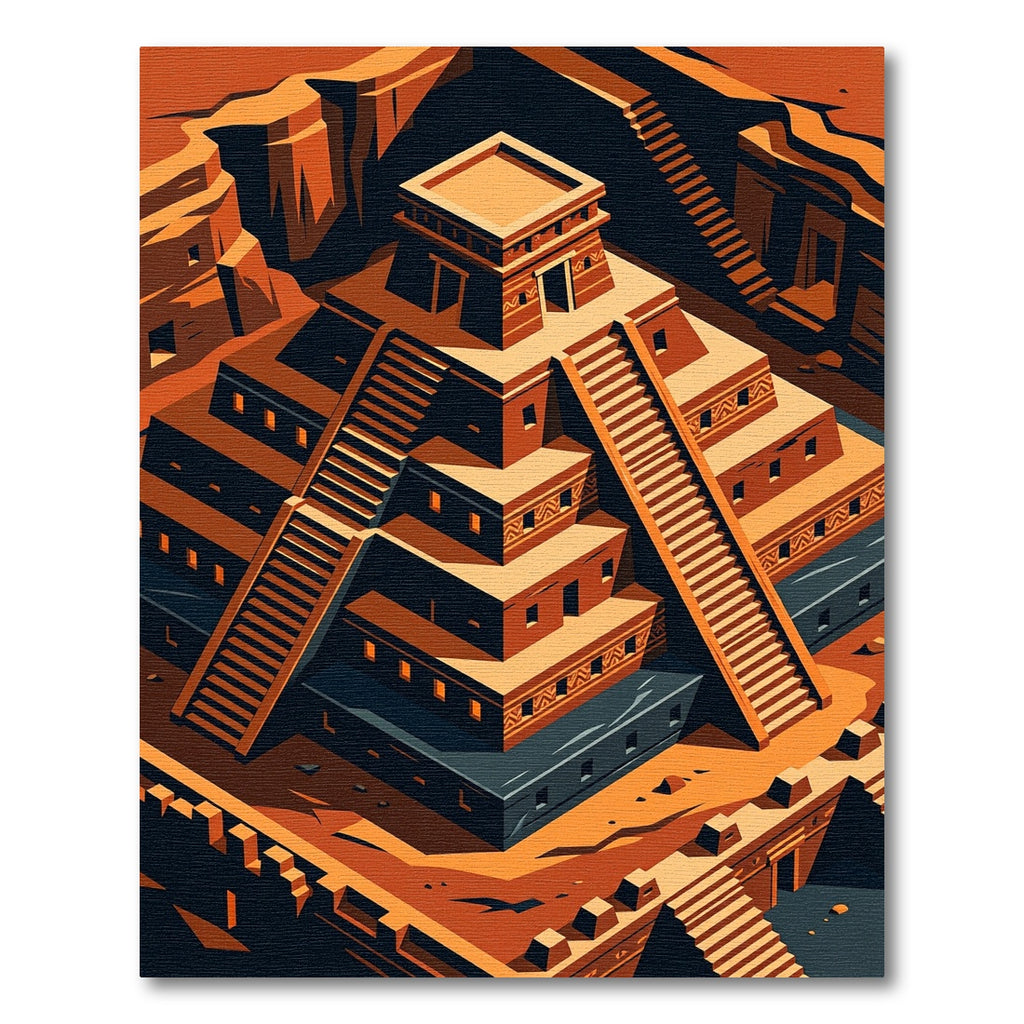Terracotta Aztec Step Pyramid Geometric Staircase Rug