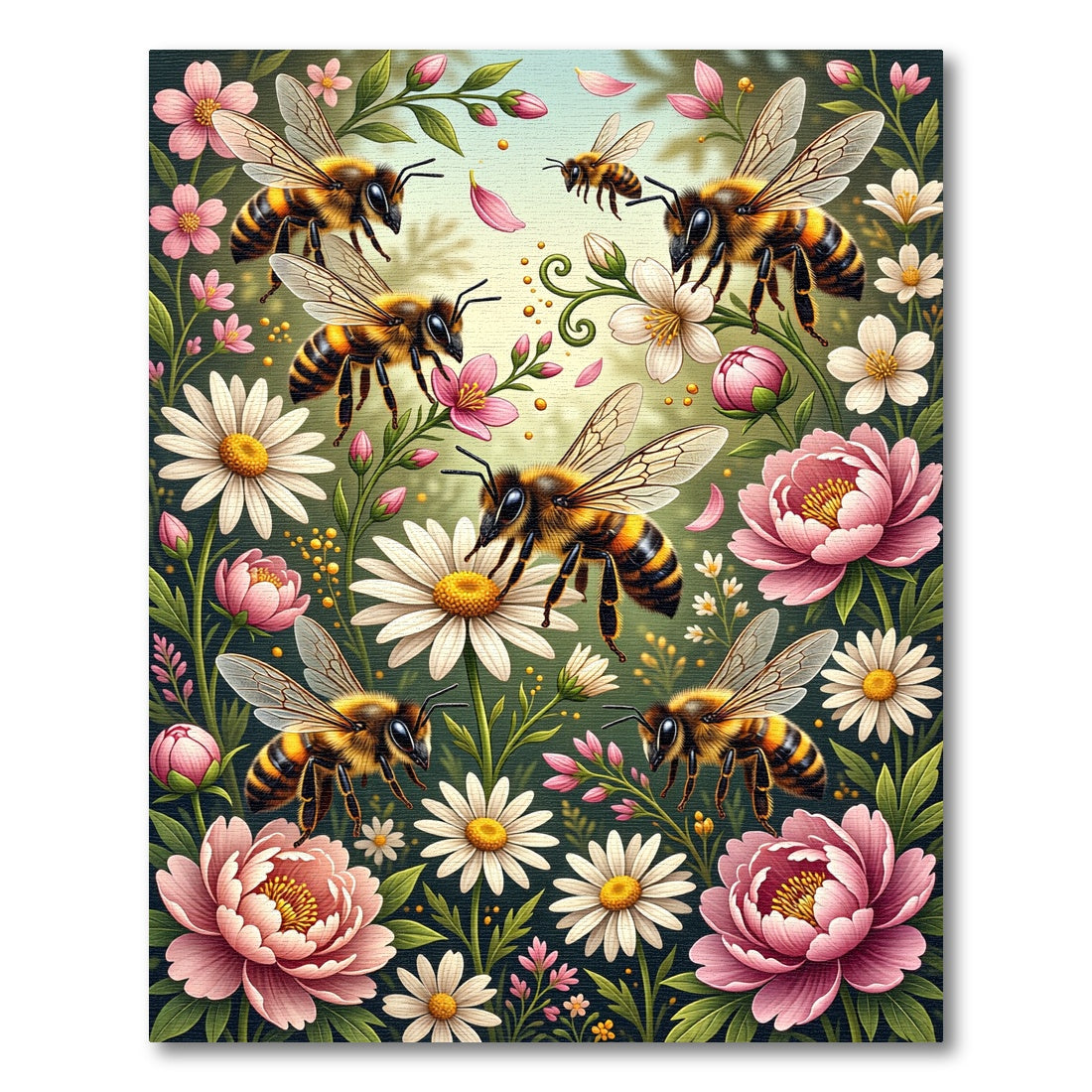 Golden Bee and Peony Floral Garden Rug