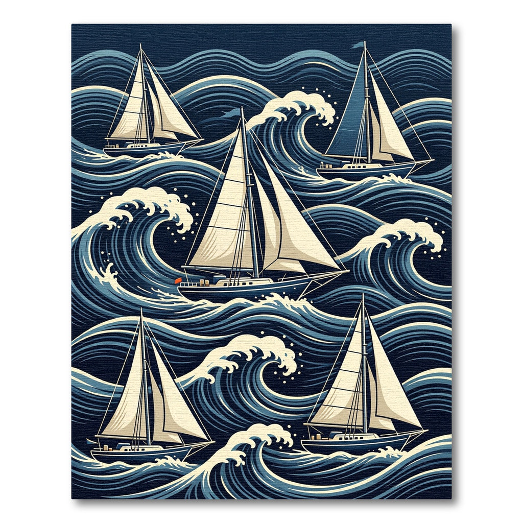 Navy Blue Sailboat Nautical Wave Composition Rug