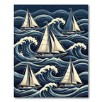 Navy Blue Sailboat Nautical Wave Composition Rug