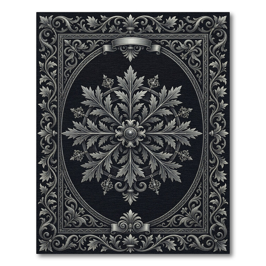 Ornamental Leaf Symmetry Black Silver Rug