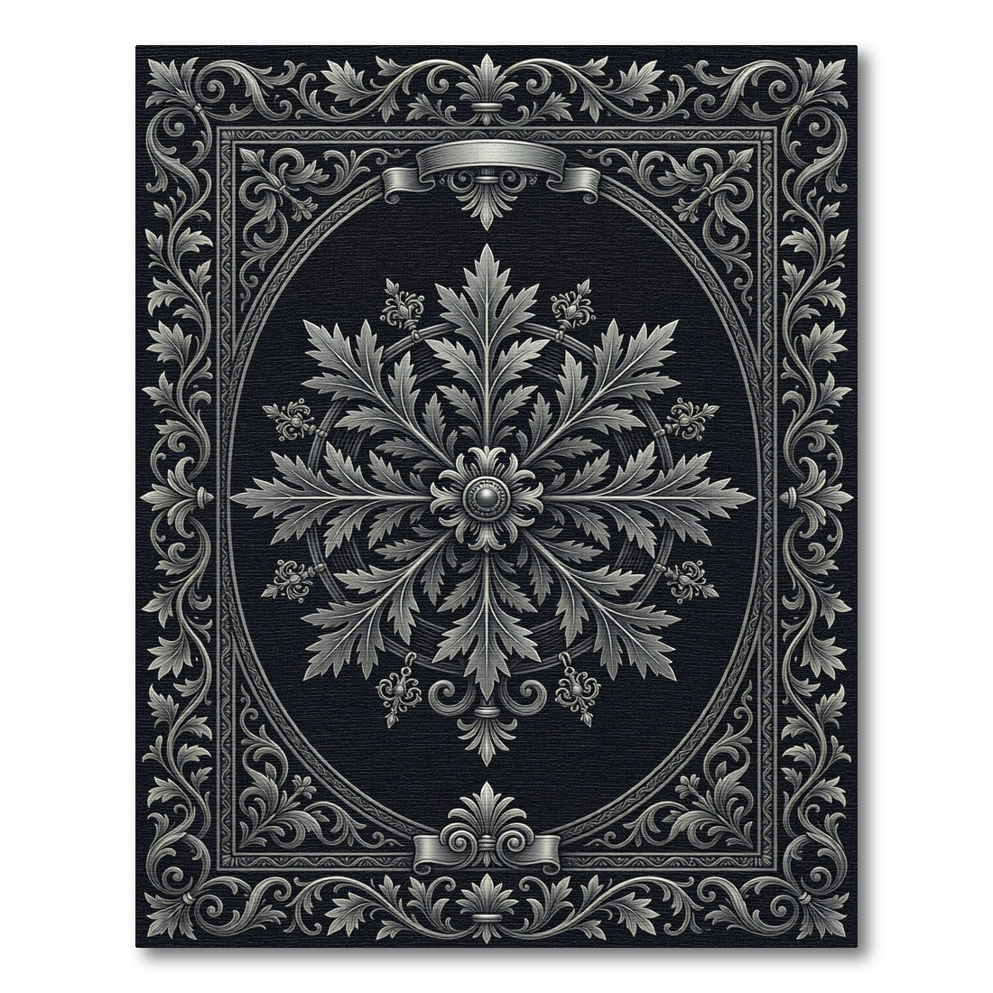 Ornamental Leaf Symmetry Black Silver Rug